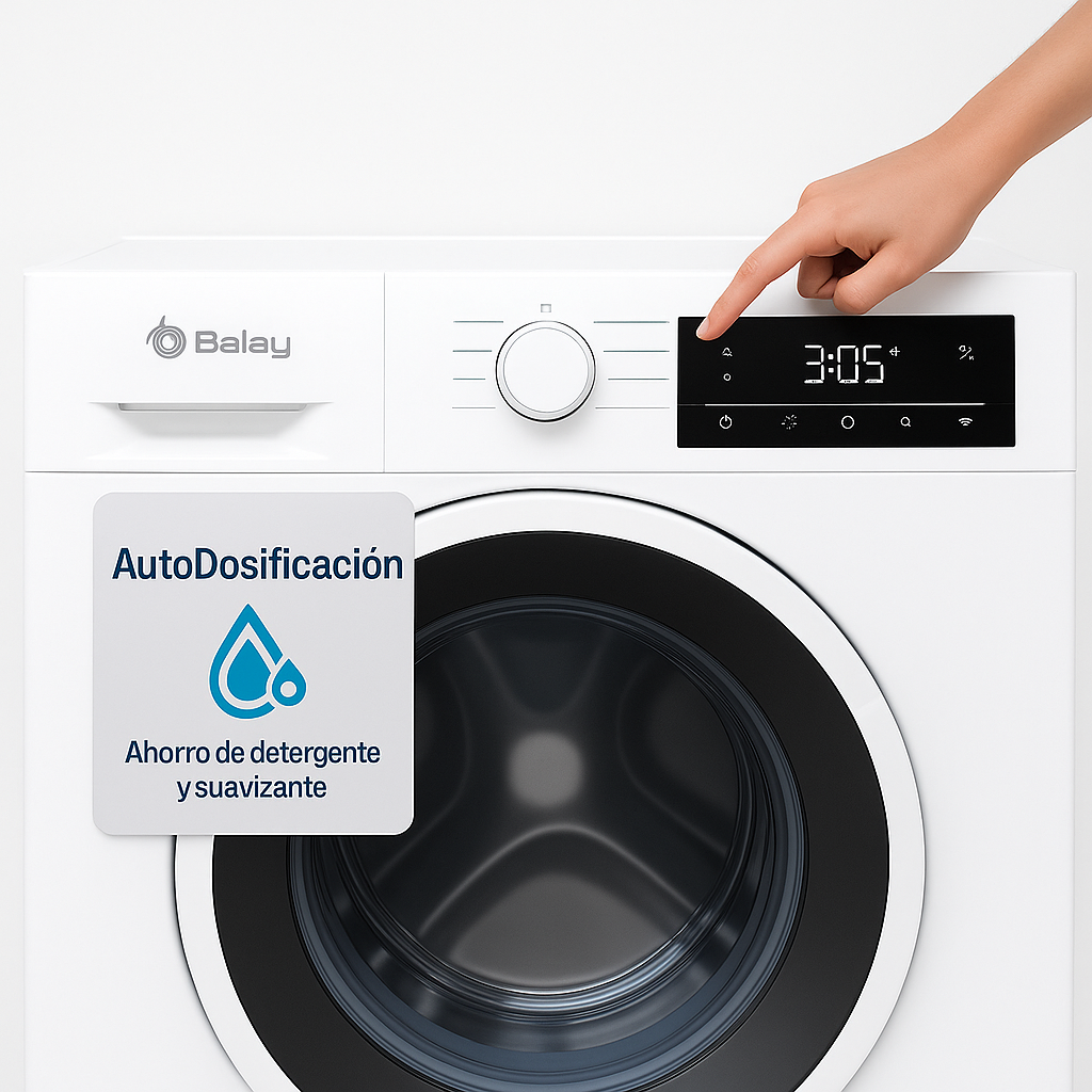 Lavadora Balay con AutoDosificación activada, destacando ahorro de detergente y suavizante, sobre fondo blanco limpio.