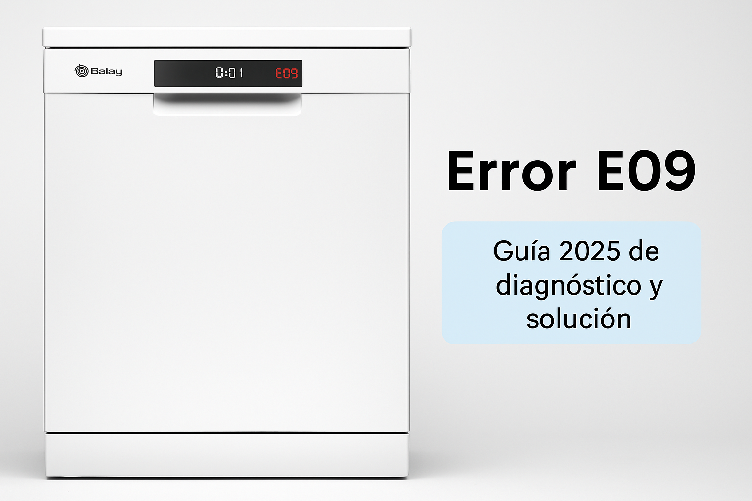 Lavavajillas Balay mostrando el error E09 en su pantalla digital, con mensaje de diagnóstico y solución para 2025.