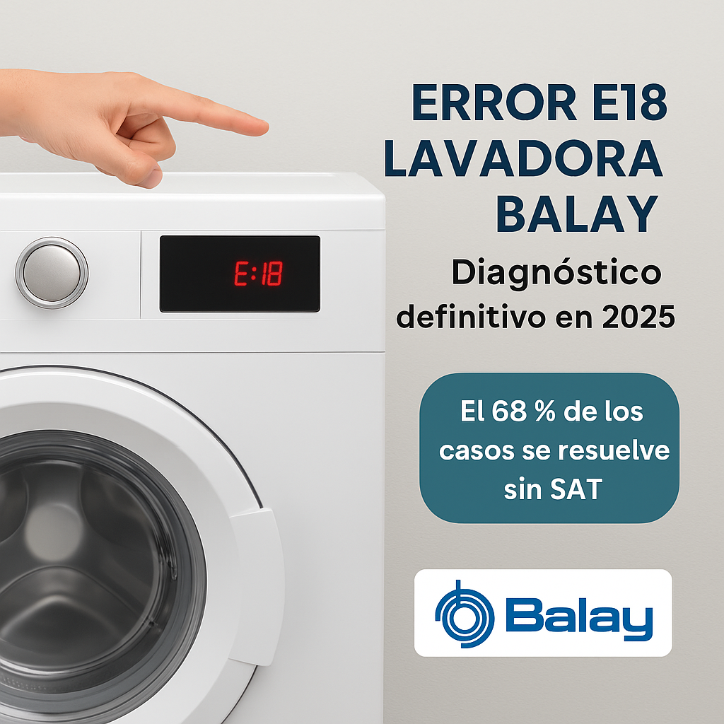 Lavadora Balay mostrando el error E18 en pantalla, con texto informativo sobre solución en 2025 y porcentaje de casos resueltos sin SAT.